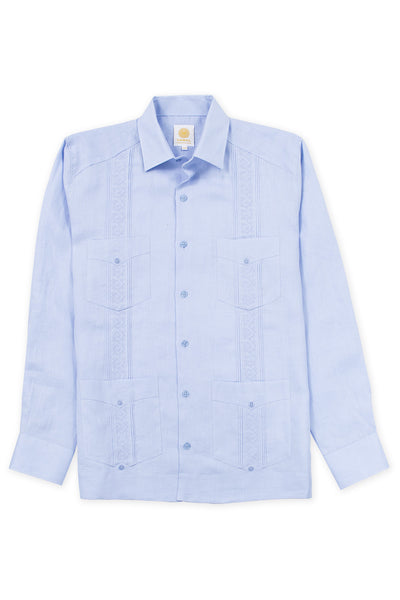 Regular corte 4 pocket elegant wear linen guayabera akumal embroidery azul