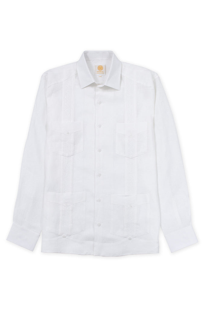 Regular corte 4 pocket elegant wear linen guayabera akumal embroidery blanco