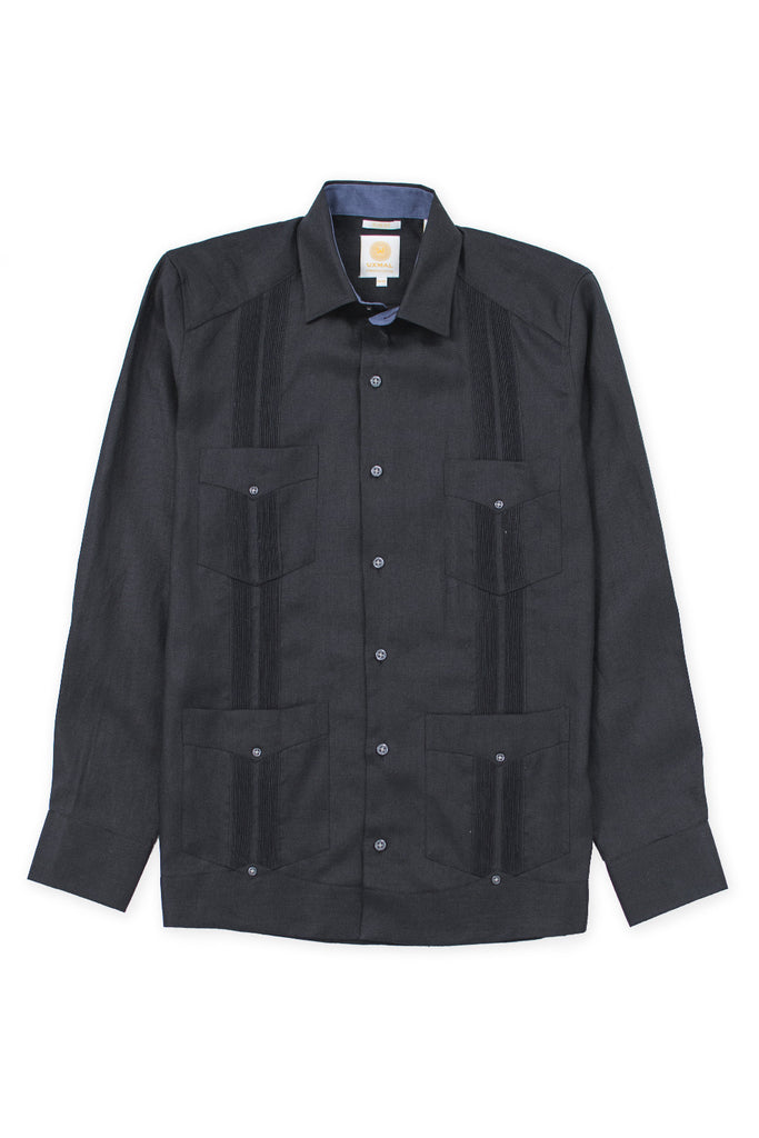 Slim corte 4 pocket traditional linen guayabera camisas negro