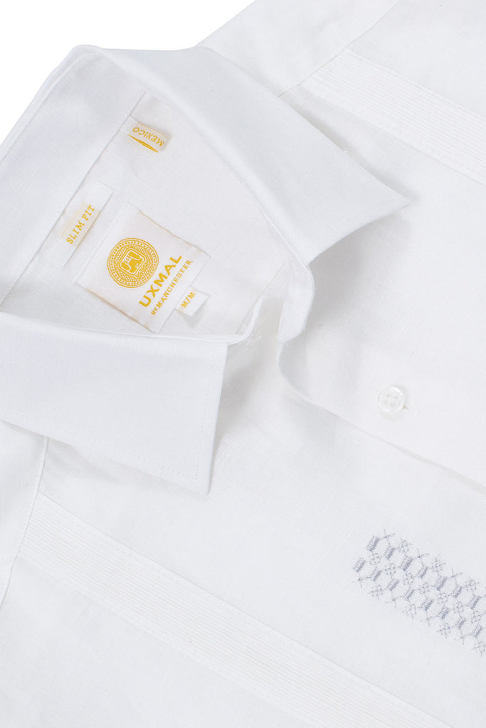 Slim corte traditional linen guayabera camisass celestun embroidery blanco